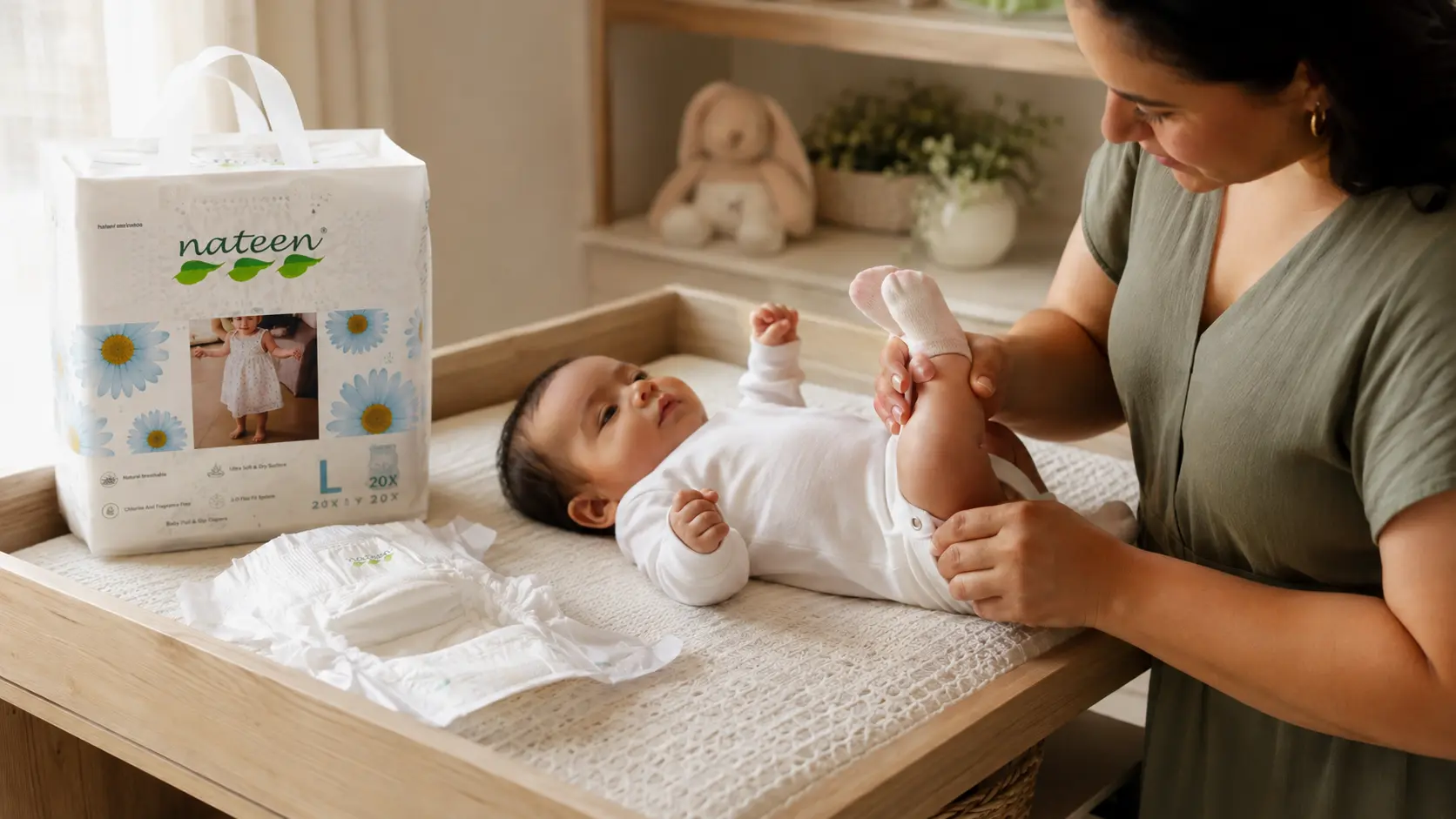 Madre revisando con preocupación la piel de su bebé en el cambiador