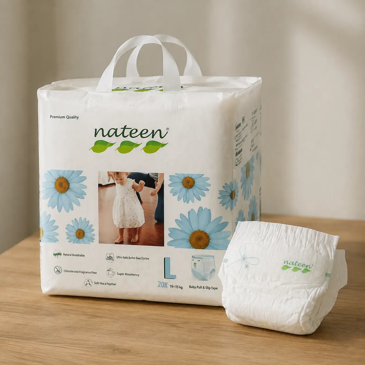 Paquete de pañales Nateen para bebé sobre superficie de madera